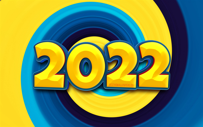 2022 gelbe 3d-ziffern, 4k, frohes neues jahr 2022, abstrakte wirbelhintergr&#252;nde, 2022-konzepte, 3d-kunst, 2022-neujahr, 2022-jahreszahlen, 2022 auf buntem hintergrund, 2022-jahresziffern