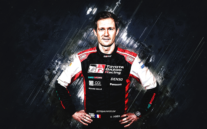 Sebastien Ogier, Toyota GAZOO Racing WRT, French rally driver, portrait, blue stone background, WRC, rally, World Rally Championship