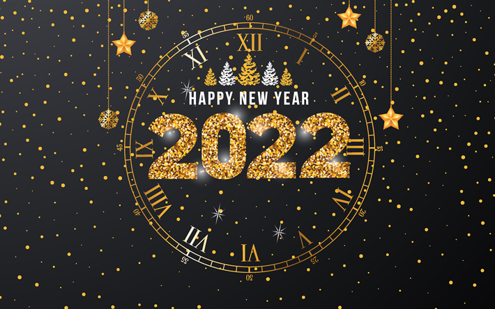 Bonne ann&#233;e 2022, horloge en or, 4k, minuit, nuit, nouvel an 2022, fond d&#39;horloge 2022, carte de voeux 2022, concepts 2022