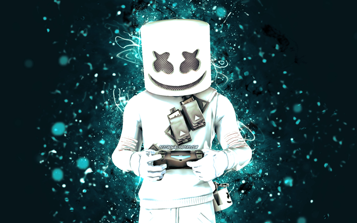 DJ Marshmello avec joystick, 4k, n&#233;ons bleus, Fortnite Battle Royale, personnages Fortnite, Marshmello Fortnite, Marshmello Skin, DJ Marshmello, Fortnite