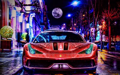 Ferrari 458 Italia, frontvy, superbilar, 2015 års bilar, nattlandskap, HDR, italienska bilar, Ferrari