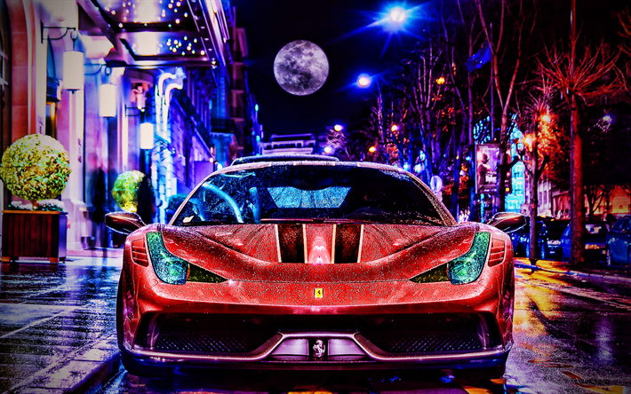 Ferrari 458 Italia, vista frontal, superdeportivos, coches 2015, paisajes nocturnos, HDR, coches italianos, Ferrari