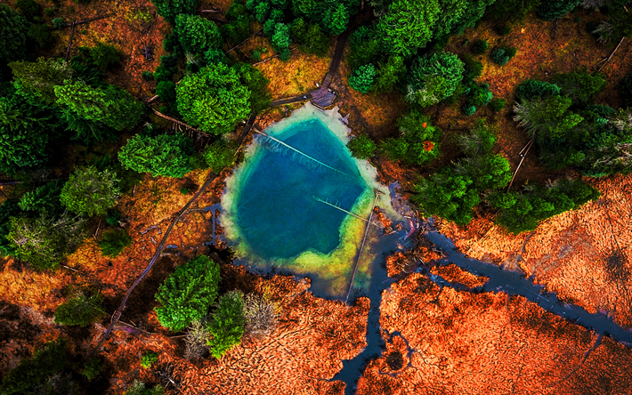 hot spring, aerial view, blue lake, summer, beautiful nature, green trees, HDR, travel concepts