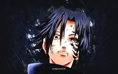 Sasuke Uchiha, Naruto, fondo de piedra azul, arte grunge, personaje de Sasuke Uchiha, personajes de Naruto, manga de Naruto, Sasuke Uchiha Naruto