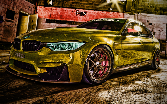 Descargar fondos de pantalla BMW M3, tuning, HDR, autos 2020, F80, BMW M3  dorado, superdeportivos, lluvia, BMW M3 F80, autos alemanes, BMW libre.  Imágenes fondos de descarga gratuita