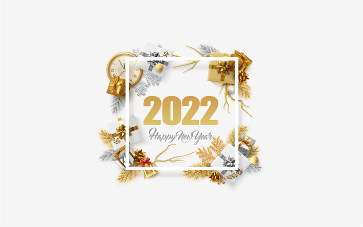 Happy New Year 2022, 4k, golden christmas frame, 2022 golden background, 2022 greeting card, 2022 New Year, golden christmas decorations