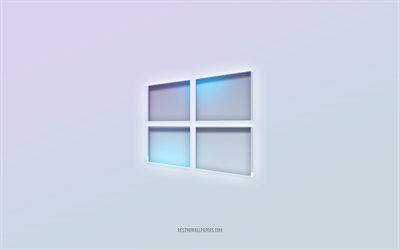 Windows 10, قطع نص ثلاثي الأبعاد, خلفية بيضاء, شعار Windows 10 ثلاثي الأبعاد, شعار Windows 10, شعار محفور, Windows