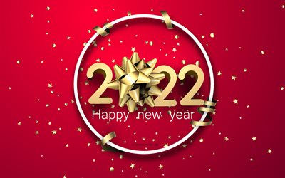 Happy New Year 2022, 4k, red background, 2022 New Year golden silk bow, 2022 concepts, 2022 red background, New Year 2022, 2022 greeting card
