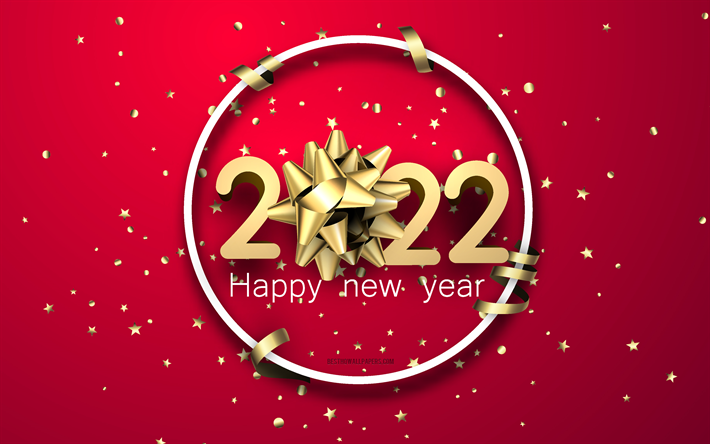 Feliz ano novo de 2022, 4k, fundo vermelho, la&#231;o de seda dourado de ano novo de 2022, conceitos de 2022, fundo vermelho de 2022, ano novo de 2022, cart&#227;o de felicita&#231;&#245;es de 2022