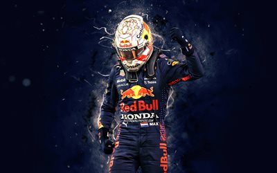 Max Verstappen, 4k, Campeão Mundial de Fórmula 1 2021, Aston Martin Red Bull Racing, motoristas holandeses, luzes de néon azuis, Vencedor do Campeonato Mundial de 2021, Fórmula 1, Max Emilian Verstappen, F1 2021