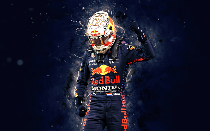 Max Verstappen, 4k, champion du monde de Formule 1 2021, Aston Martin Red Bull Racing, pilotes de course n&#233;erlandais, n&#233;ons bleus, vainqueur du championnat du monde 2021, Formule 1, Max Emilian Verstappen, F1 2021