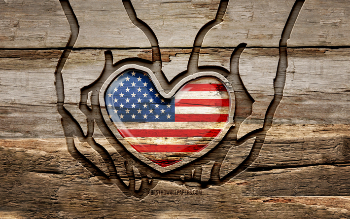 私はアメリカを愛しています, 4K, 木彫りの手, アメリカの日, アメリカの国旗, クリエイティブ, アメリカ国旗, 手に米国の旗, 木彫, 北アメリカ, アメリカ, 月4日（日）, 独立記念日