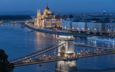 Budapest, la sera, Palazzo del Parlamento ungherese, il Danubio, il Ponte delle catene, Ungheria, attrazioni