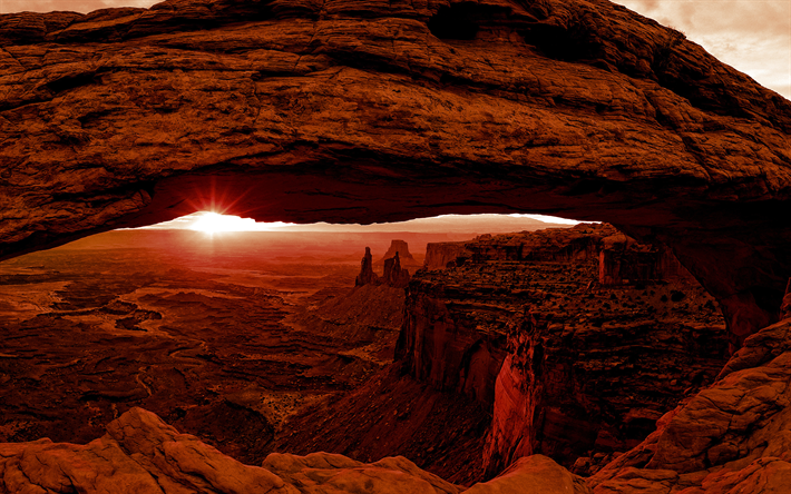 4k, Arches National Park, sunset, kallioita, desert, Utah, american maamerkkej&#228;, USA, Amerikassa