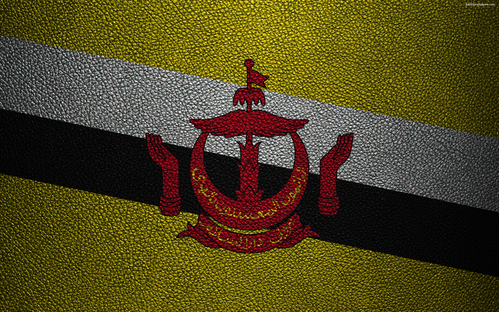 フラグのブルネイ, 4k, 革の質感, ブルネイフラグ, アジア, 世界の国旗, ブルネイ
