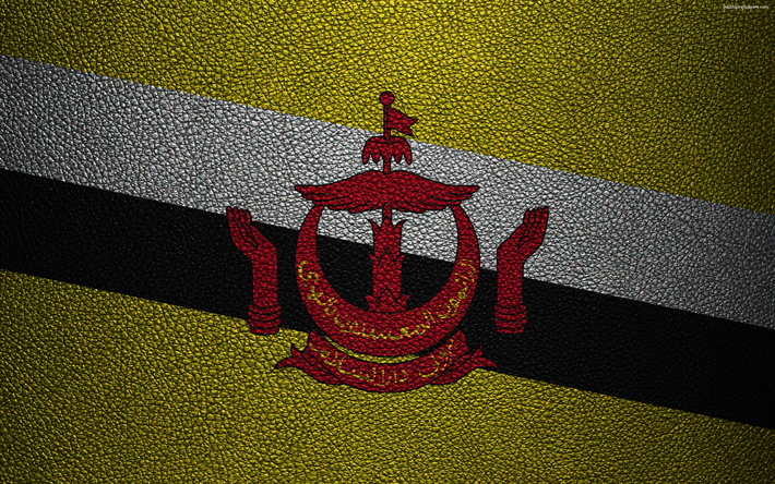 flagge von brunei, 4k, leder textur, brunei, flagge, asien, flaggen der welt