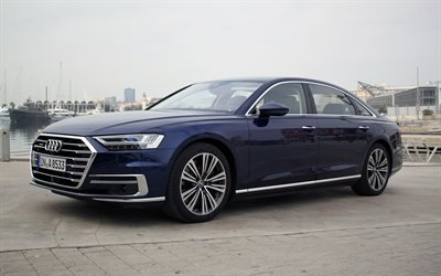 Audi A8, 2019, blue sedan, business class, luxury cars, blue A8, Audi