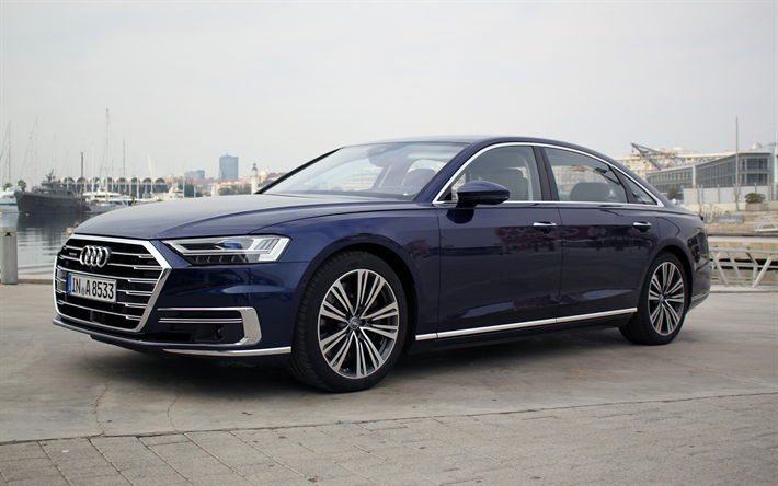 Audi A8, 2019, bleu berline, la classe d&#39;affaires, des voitures de luxe, bleu A8, Audi