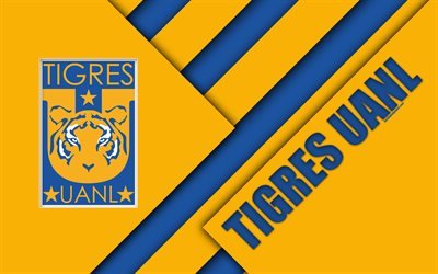 UANL Tigres FC, 4k, Mexicain, Club de Football, conception de mat&#233;riel, logo, bleu, jaune et abstraction, Monterrey, Mexique, Primera Division, Liga MX, Tigres UANL