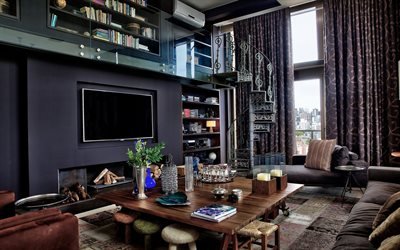 室内の居室, 紫色の壁, クラシカルな内装デザイン, 金属の鍛造階段, 居室