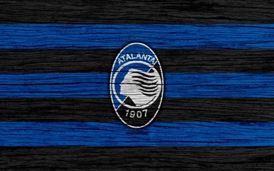 Atalanta, 4k, Serie A, logo, Italy, wooden texture, Atalanta BC, soccer, football, Atalanta FC