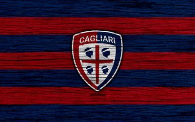 Cagliari, 4k, Serie A, logo, Italy, wooden texture, FC Cagliari, soccer, football, Cagliari FC