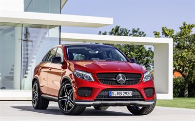 Mercedes-Benz GLE450 AMG, 4k, 2018, red GLE Coupe, luxury sports SUV, German cars, Mercedes