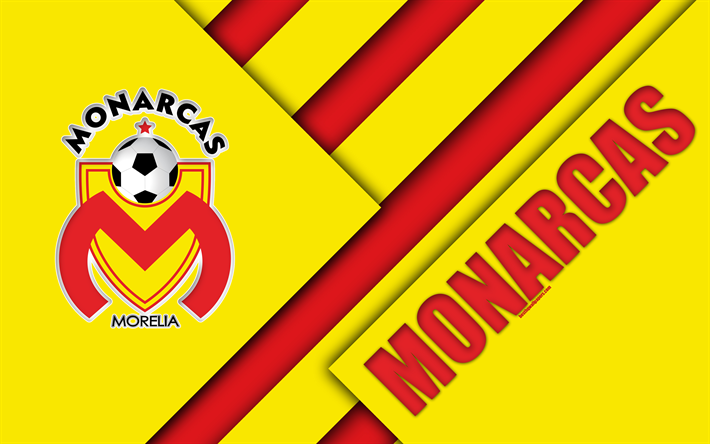 Monarcas FC, 4K, المكسيكي لكرة القدم, تصميم المواد, شعار, الأصفر الأحمر التجريد, موريليا, ولاية ميتشواكان, المكسيك, Primera Division, والدوري, Monarcas موريليا
