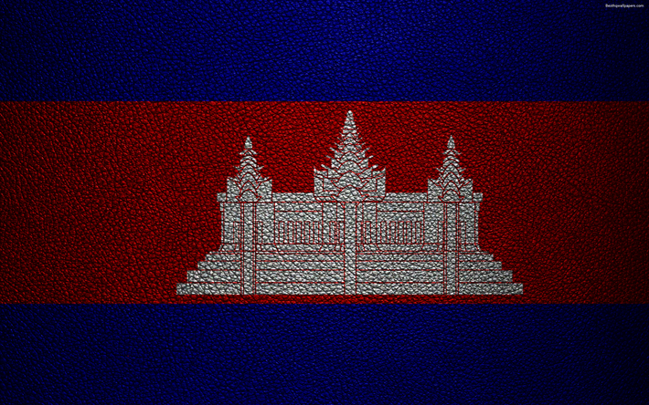 Bandiera della Cambogia, 4k, texture in pelle, bandiera Cambogiana, Asia, bandiere del mondo, Cambogia