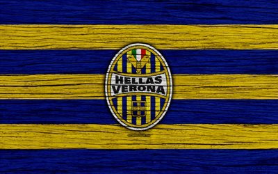 Hellas Verona, 4k, Serie A, logo, It&#225;lia, textura de madeira, FC Hellas Verona, futebol, Hellas Verona FC