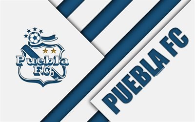 puebla fc, 4k, mexican football club, material, design, club puebla logo, blue white abstraction, puebla de zaragoza, mexico, first division, liga mx
