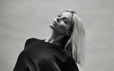 Margot Robbie, musta ja valkoinen valokuva, photoshoot, muotokuva, yksiv&#228;rinen, musta mekko, Australialainen n&#228;yttelij&#228;, Hollywood-t&#228;hti
