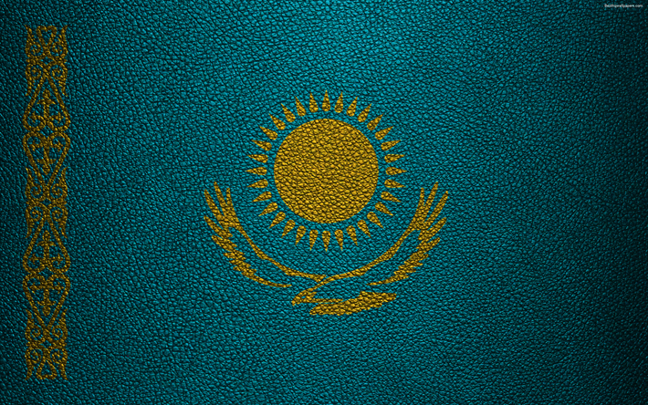 العلم كازاخستان, 4k, جلدية الملمس, كازاخستان العلم, آسيا, أعلام العالم, كازاخستان