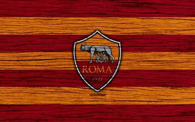 Roma, 4k, Serie A, logo, Italy, wooden texture, AS Roma, soccer, football, Roma FC