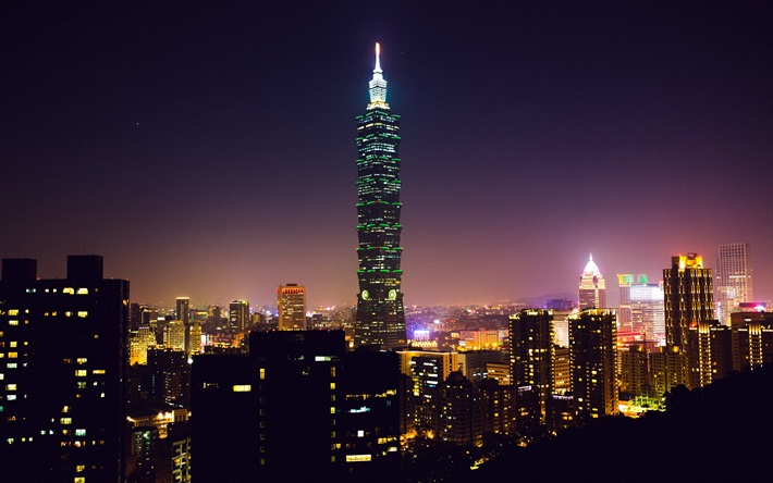 Taipei 101, Stadsdelen Xinyi, Taipei, natt, Taiwan, skyskrapor, Kina, Asien, Taipei World Financial Center