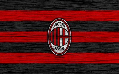 O AC Milan, 4k, Serie A, logo, It&#225;lia, &quot;Rossoneri&quot;, textura de madeira, FC Mil&#227;o, futebol, Mil&#227;o FC