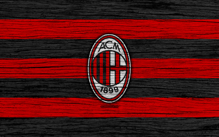 El AC Milan, 4k, de la Serie a, logotipo, Italia, Rossoneri, de madera de la textura, el FC Mil&#225;n, f&#250;tbol, Milan FC