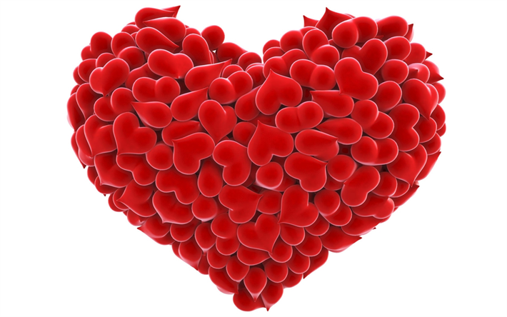 عيد الحب, 3D القلب, 4k, خلفية بيضاء, قلوب