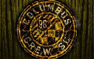 Columbus Crew FC, scorched logo, MLS, yellow wooden background, Eastern Conference, american football club, grunge, Major League Soccer, football, soccer, Columbus Crew logo, fire texture, USA