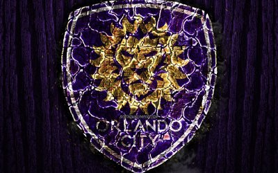 Orlando City FC, scorched logo, MLS, violet wooden background, Eastern Conference, american football club, grunge, Major League Soccer, football, soccer, Orlando City logo, fire texture, USA