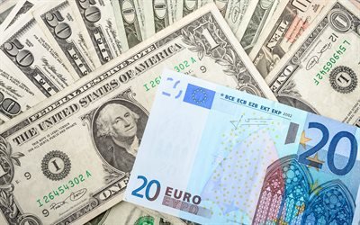 pengar bakgrund, finans, amerikanska dollar, 20 euro, sedlar, 1 dollar, pengar begrepp