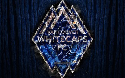 Vancouver Whitecaps FC, scorched logo, MLS, blue wooden background, Western Conference, american football club, grunge, Major League Soccer, football, soccer, Vancouver Whitecaps logo, fire texture, USA