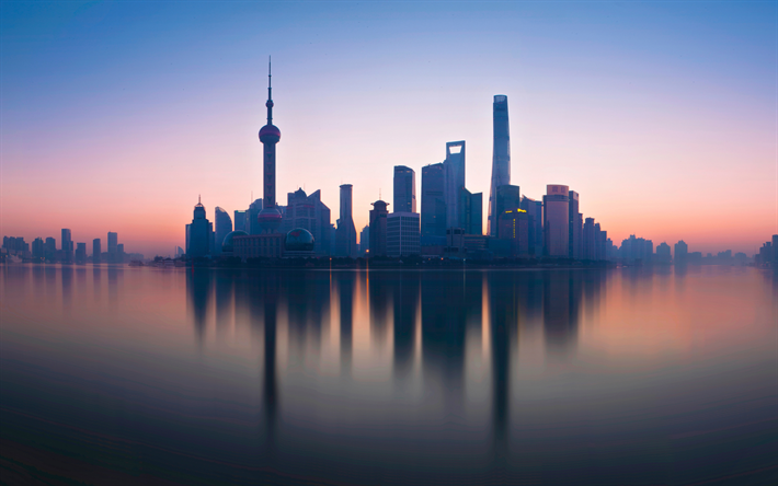 Shanghai, 4k, mattina, paesaggi, Fiume Huangpu, grattacieli, la torre della televisione, la Cina, l&#39;Asia