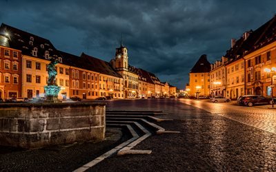 Karlovy Vary, noite, fonte, quadrado, p&#244;r do sol, capela, marco, Rep&#250;blica Checa