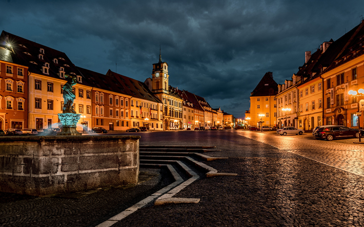 Karlovy Vary, evening, fountain, square, sunset, chapel, landmark, Czech Republic