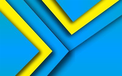 4k, material design, colorful lines, blue and yellow, geometric shapes, lollipop, triangles, creative, strips, geometry, blue background