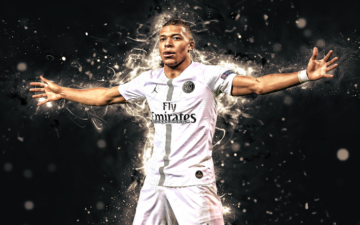 Download wallpapers 4k, Kylian Mbappe, white unifor, PSG, french