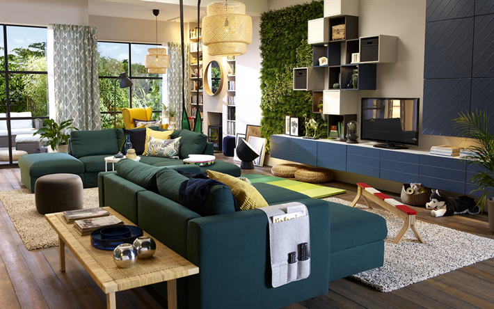 moderna sala de estar de dise&#241;o, la hierba en la pared, de dise&#241;o elegante, sala de estar, creativas l&#225;mparas redondas