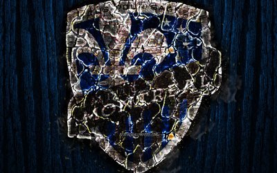 Montreal Impact FC, scorched logo, MLS, blue wooden background, Eastern Conference, american football club, grunge, Major League Soccer, football, soccer, Montreal Impact logo, fire texture, USA