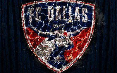 Dallas FC, scorched logo, MLS, blue wooden background, Western Conference, american football club, grunge, Major League Soccer, FC Dallas, football, soccer, FC Dallas logo, fire texture, USA